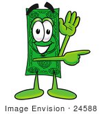 #24588 Clip Art Graphic Of A Flat Green Dollar Bill Cartoon Character Waving And Pointing