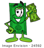 #24592 Clip Art Graphic Of A Flat Green Dollar Bill Cartoon Character Holding A Dollar Bill