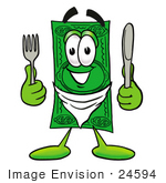 #24594 Clip Art Graphic Of A Flat Green Dollar Bill Cartoon Character Holding A Knife And Fork