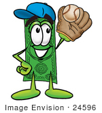 #24596 Clip Art Graphic Of A Flat Green Dollar Bill Cartoon Character Catching A Baseball With A Glove