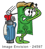 #24597 Clip Art Graphic Of A Flat Green Dollar Bill Cartoon Character Swinging His Golf Club While Golfing