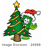 #24599 Clip Art Graphic Of A Flat Green Dollar Bill Cartoon Character Waving And Standing By A Decorated Christmas Tree