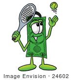 #24602 Clip Art Graphic Of A Flat Green Dollar Bill Cartoon Character Preparing To Hit A Tennis Ball