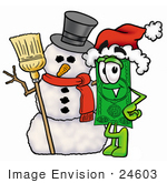 #24603 Clip Art Graphic Of A Flat Green Dollar Bill Cartoon Character With A Snowman On Christmas