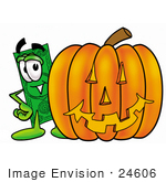 #24606 Clip Art Graphic Of A Flat Green Dollar Bill Cartoon Character With A Carved Halloween Pumpkin