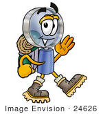 #24626 Clip Art Graphic Of A Blue Handled Magnifying Glass Cartoon Character Hiking And Carrying A Backpack