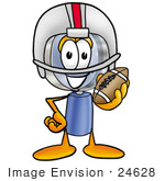 #24628 Clip Art Graphic Of A Blue Handled Magnifying Glass Cartoon Character In A Helmet Holding A Football