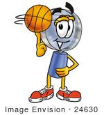 #24630 Clip Art Graphic Of A Blue Handled Magnifying Glass Cartoon Character Spinning A Basketball On His Finger