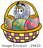 #24633 Clip Art Graphic Of A Blue Handled Magnifying Glass Cartoon Character In An Easter Basket Full Of Decorated Easter Eggs