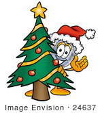 #24637 Clip Art Graphic Of A Blue Handled Magnifying Glass Cartoon Character Waving And Standing By A Decorated Christmas Tree