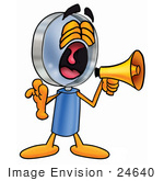#24640 Clip Art Graphic Of A Blue Handled Magnifying Glass Cartoon Character Screaming Into A Megaphone