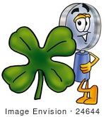 #24644 Clip Art Graphic Of A Blue Handled Magnifying Glass Cartoon Character With A Green Four Leaf Clover On St Paddy’S Or St Patricks Day