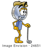 #24651 Clip Art Graphic Of A Blue Handled Magnifying Glass Cartoon Character Leaning On A Golf Club While Golfing