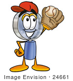 #24661 Clip Art Graphic Of A Blue Handled Magnifying Glass Cartoon Character Catching A Baseball With A Glove