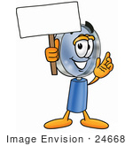 #24668 Clip Art Graphic Of A Blue Handled Magnifying Glass Cartoon Character Holding A Blank Sign
