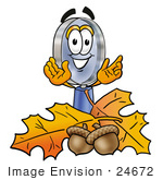 #24672 Clip Art Graphic Of A Blue Handled Magnifying Glass Cartoon Character With Autumn Leaves And Acorns In The Fall