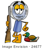 #24677 Clip Art Graphic Of A Blue Handled Magnifying Glass Cartoon Character Duck Hunting Standing With A Rifle And Duck