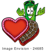 #24685 Clip Art Graphic Of A Rolled Greenback Dollar Bill Banknote Cartoon Character With An Open Box Of Valentines Day Chocolate Candies