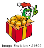 #24695 Clip Art Graphic Of A Rolled Greenback Dollar Bill Banknote Cartoon Character Standing By A Christmas Present