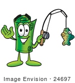 #24697 Clip Art Graphic Of A Rolled Greenback Dollar Bill Banknote Cartoon Character Holding A Fish On A Fishing Pole