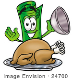#24700 Clip Art Graphic Of A Rolled Greenback Dollar Bill Banknote Cartoon Character Serving A Thanksgiving Turkey On A Platter