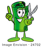 #24702 Clip Art Graphic Of A Rolled Greenback Dollar Bill Banknote Cartoon Character Holding A Pair Of Scissors