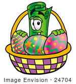 #24704 Clip Art Graphic Of A Rolled Greenback Dollar Bill Banknote Cartoon Character In An Easter Basket Full Of Decorated Easter Eggs