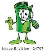 #24707 Clip Art Graphic Of A Rolled Greenback Dollar Bill Banknote Cartoon Character Looking Through A Magnifying Glass