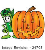 #24708 Clip Art Graphic Of A Rolled Greenback Dollar Bill Banknote Cartoon Character With A Carved Halloween Pumpkin