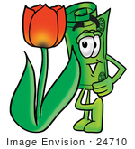 #24710 Clip Art Graphic Of A Rolled Greenback Dollar Bill Banknote Cartoon Character With A Red Tulip Flower In The Spring
