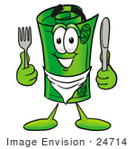 #24714 Clip Art Graphic Of A Rolled Greenback Dollar Bill Banknote Cartoon Character Holding A Knife And Fork