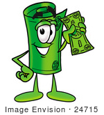 #24715 Clip Art Graphic Of A Rolled Greenback Dollar Bill Banknote Cartoon Character Holding A Dollar Bill