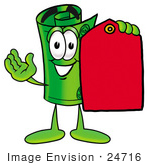 #24716 Clip Art Graphic Of A Rolled Greenback Dollar Bill Banknote Cartoon Character Holding A Red Sales Price Tag
