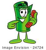 #24724 Clip Art Graphic Of A Rolled Greenback Dollar Bill Banknote Cartoon Character Holding A Telephone