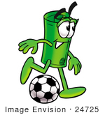 #24725 Clip Art Graphic Of A Rolled Greenback Dollar Bill Banknote Cartoon Character Kicking A Soccer Ball
