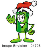 #24726 Clip Art Graphic Of A Rolled Greenback Dollar Bill Banknote Cartoon Character Wearing A Santa Hat And Waving