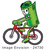 #24730 Clip Art Graphic Of A Rolled Greenback Dollar Bill Banknote Cartoon Character Riding A Bicycle