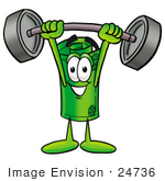 #24736 Clip Art Graphic Of A Rolled Greenback Dollar Bill Banknote Cartoon Character Holding A Heavy Barbell Above His Head