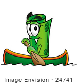 #24741 Clip Art Graphic Of A Rolled Greenback Dollar Bill Banknote Cartoon Character Rowing A Boat