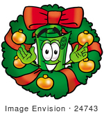 #24743 Clip Art Graphic Of A Rolled Greenback Dollar Bill Banknote Cartoon Character In The Center Of A Christmas Wreath