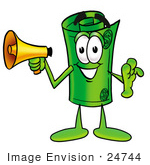 #24744 Clip Art Graphic Of A Rolled Greenback Dollar Bill Banknote Cartoon Character Holding A Megaphone