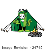 #24745 Clip Art Graphic Of A Rolled Greenback Dollar Bill Banknote Cartoon Character Camping With A Tent And Fire