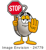 #24779 Clip Art Graphic Of A Wired Computer Mouse Cartoon Character Holding A Stop Sign