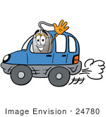 #24780 Clip Art Graphic Of A Wired Computer Mouse Cartoon Character Driving A Blue Car And Waving