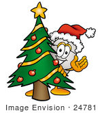 #24781 Clip Art Graphic Of A Wired Computer Mouse Cartoon Character Waving And Standing By A Decorated Christmas Tree