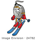 #24782 Clip Art Graphic Of A Wired Computer Mouse Cartoon Character Skiing Downhill