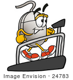 #24783 Clip Art Graphic Of A Wired Computer Mouse Cartoon Character Walking On A Treadmill In A Fitness Gym