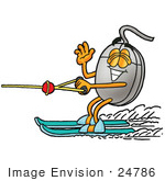 #24786 Clip Art Graphic Of A Wired Computer Mouse Cartoon Character Waving While Water Skiing