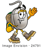 #24791 Clip Art Graphic Of A Wired Computer Mouse Cartoon Character Hiking And Carrying A Backpack