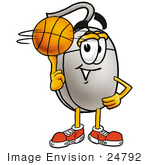 #24792 Clip Art Graphic Of A Wired Computer Mouse Cartoon Character Spinning A Basketball On His Finger